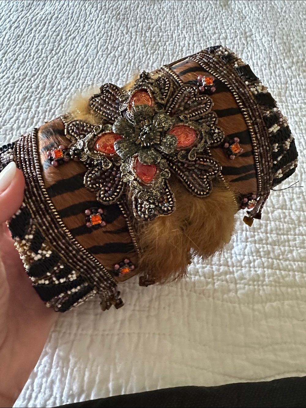 Mary Frances Tiger-Print Embellished Clutch in Brown and Coral - Picture 4 of 4